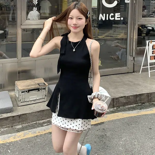 依钗 韩系纯色无袖波点小个子绝美短裙裙装套装 女款