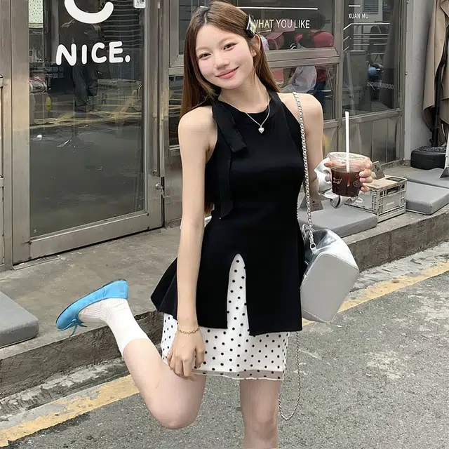 依钗 韩系纯色无袖波点小个子绝美短裙裙装套装 女款