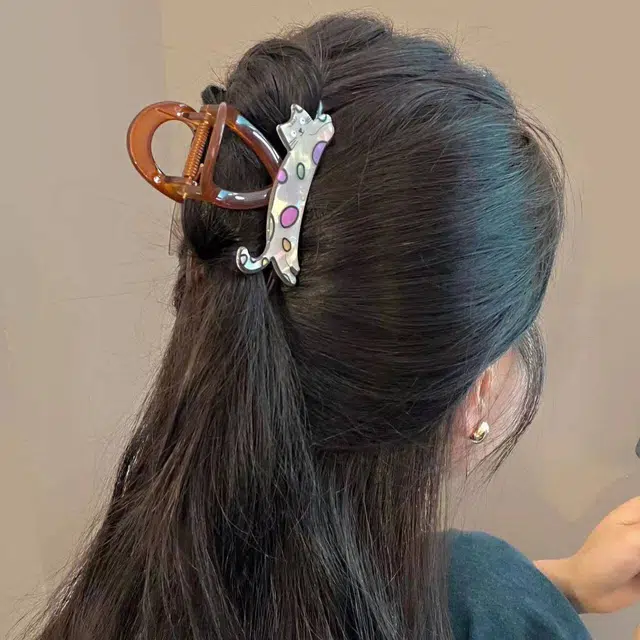 丹琴 可爱小猫后脑勺盘发中号发量少鲨鱼夹子半扎发发卡 发夹 女款