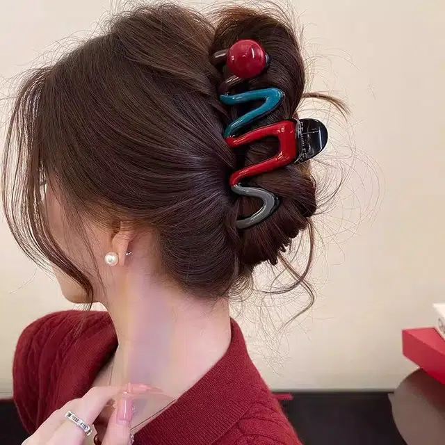 丹琴 红蓝撞色韩系抓夹大号百搭优雅鲨鱼夹发卡后脑勺高级感夹子发饰 亚克力 发夹 女款