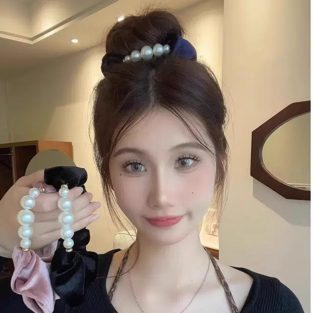 丹琴 丝绒大肠发圈 高级感高马尾扎头发绳仿珍珠款丸子头头饰 布艺 头绳 女款