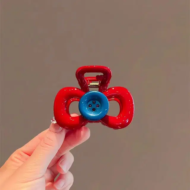 丹琴 法式红色纽扣蝴蝶结抓夹 后脑勺发量少盘发抓半扎鲨鱼夹 树脂 发夹 女款