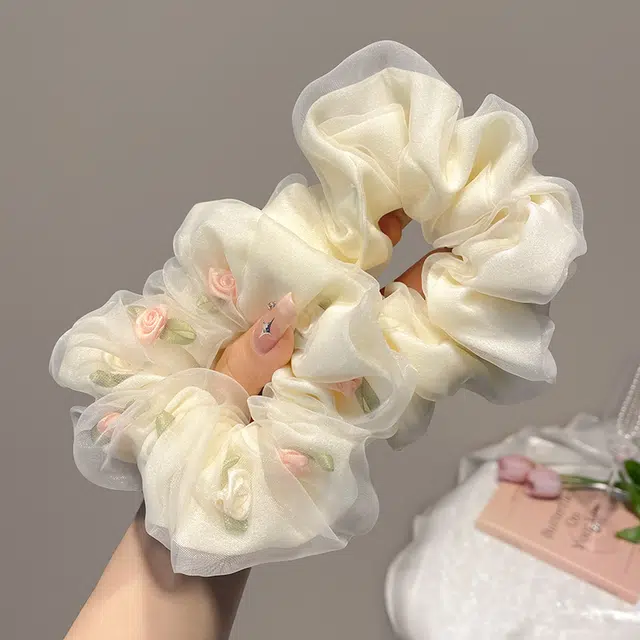 丹琴 甜美玫瑰花朵网纱大肠扎头发高弹力丸子 发圈 女款