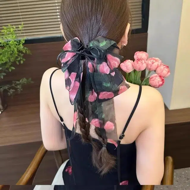 丹琴 法式玫瑰碎花飘带蝴蝶结抓夹 甜美半扎马尾夹高级感后脑勺头饰 雪纺 发夹 女款