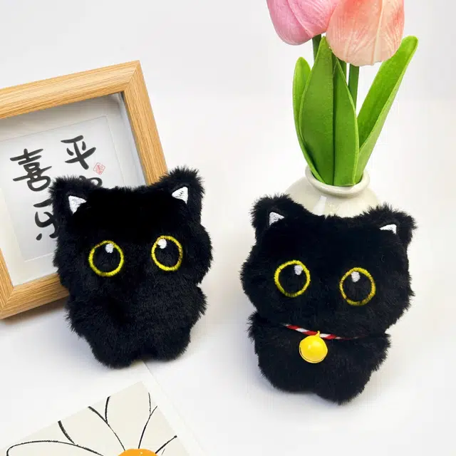 丹琴 煤球小黑猫咪 可爱卡通精灵玩偶萌趣创意手玩把件公仔书包背包挂饰百搭汽车钥匙扣 毛绒 挂件 男女同款情侣款