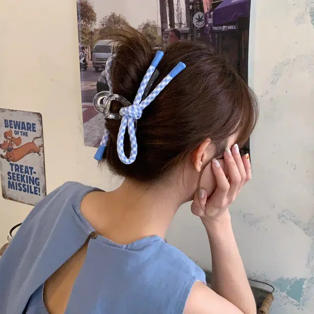 丹琴 蓝格纹蝴蝶绳结抓夹 韩系透明盘发百搭时尚后脑勺鲨鱼夹发卡发饰 亚克力 发夹 女款