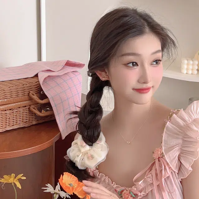 丹琴 甜美玫瑰花朵网纱大肠扎头发高弹力丸子 发圈 女款