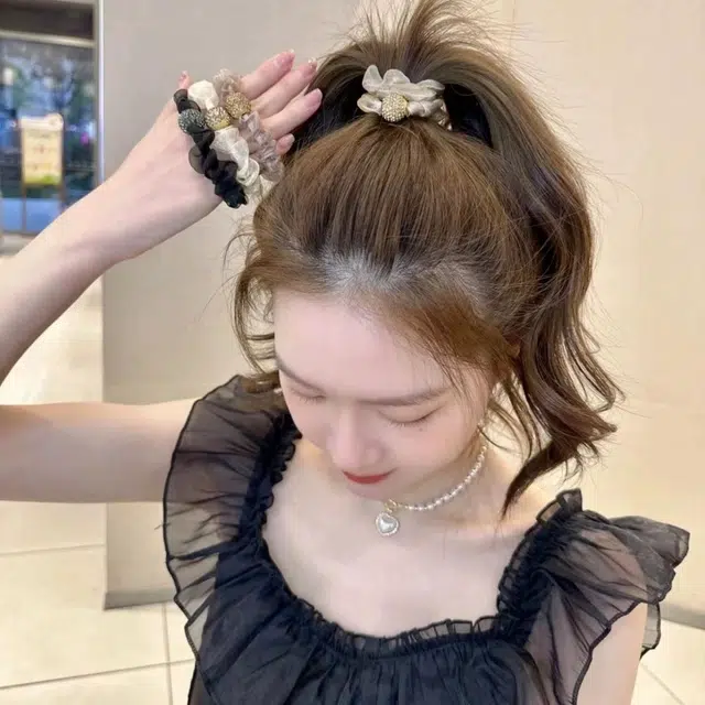 丹琴 闪珠大肠气质扎头发小皮套网纱 头绳 女款