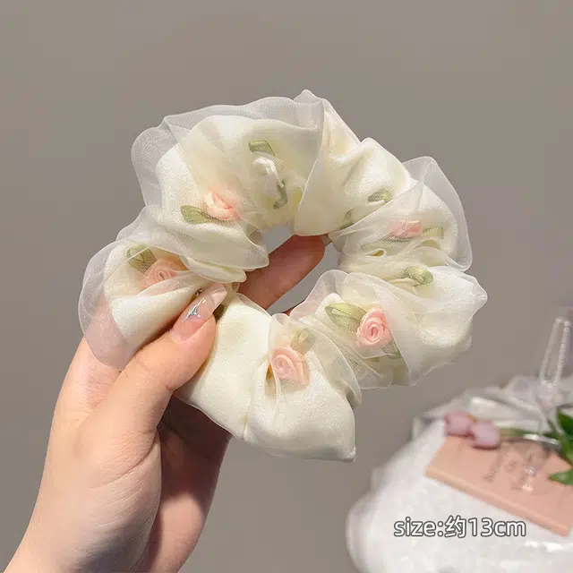 丹琴 甜美玫瑰花朵网纱大肠扎头发高弹力丸子 发圈 女款