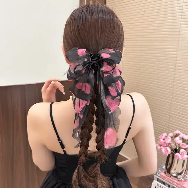 丹琴 法式玫瑰碎花飘带蝴蝶结抓夹 甜美半扎马尾夹高级感后脑勺头饰 雪纺 发夹 女款