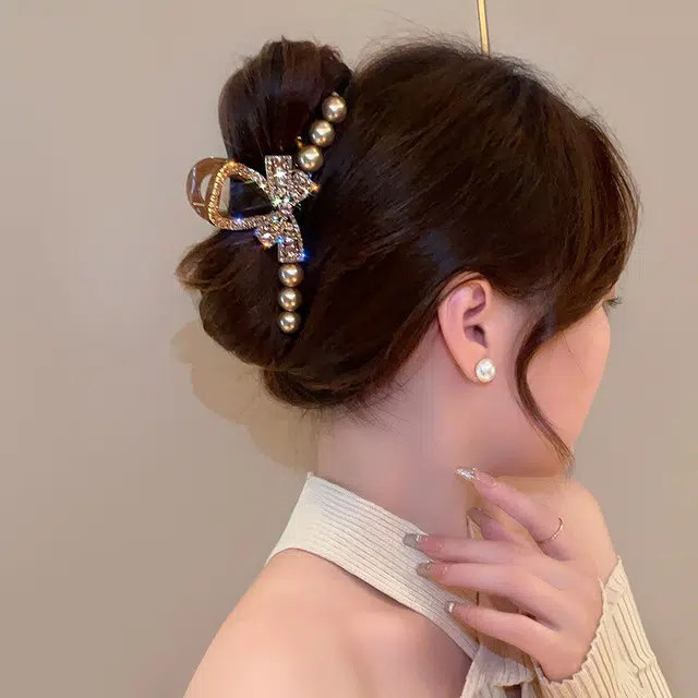 丹琴 美拉德蝴蝶结后脑勺大号气质鲨鱼夹子 水钻 珍珠 发夹 女款