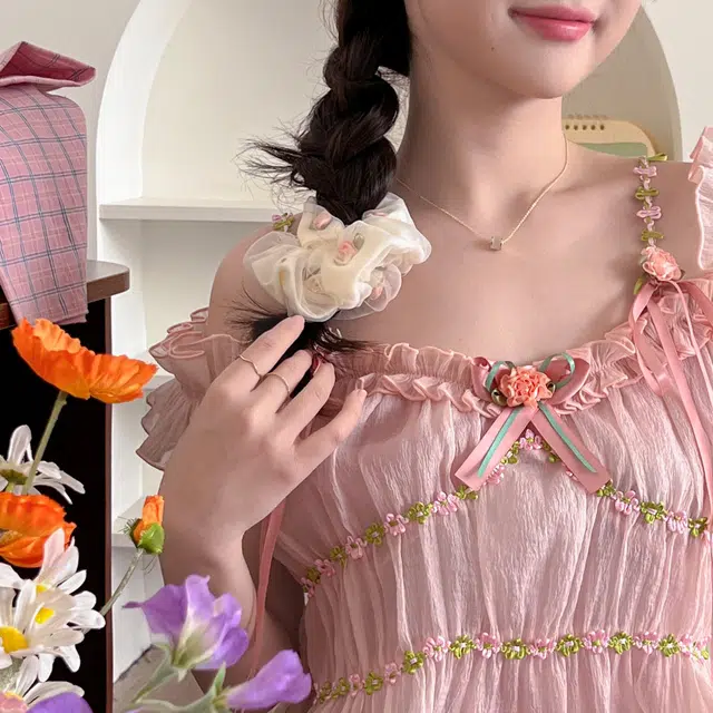 丹琴 甜美玫瑰花朵网纱大肠扎头发高弹力丸子 发圈 女款