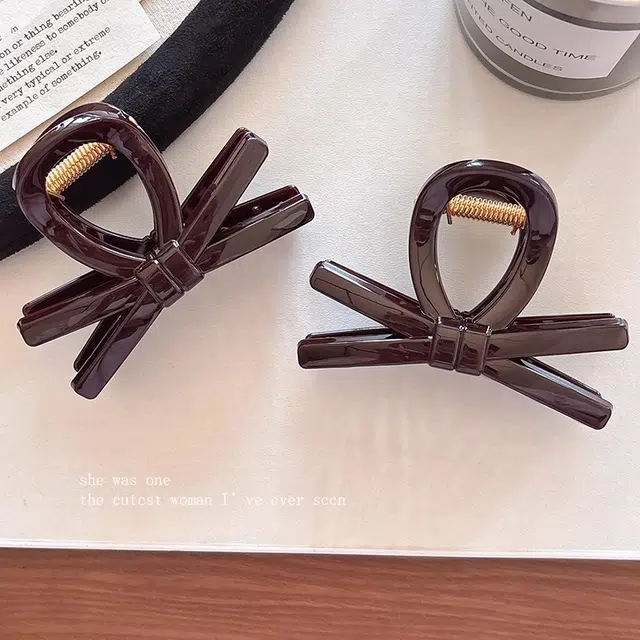 丹琴 巧克力棕色蝴蝶结头发抓夹高级感鲨鱼夹子发抓后脑勺发卡发饰 树脂 发夹 女款
