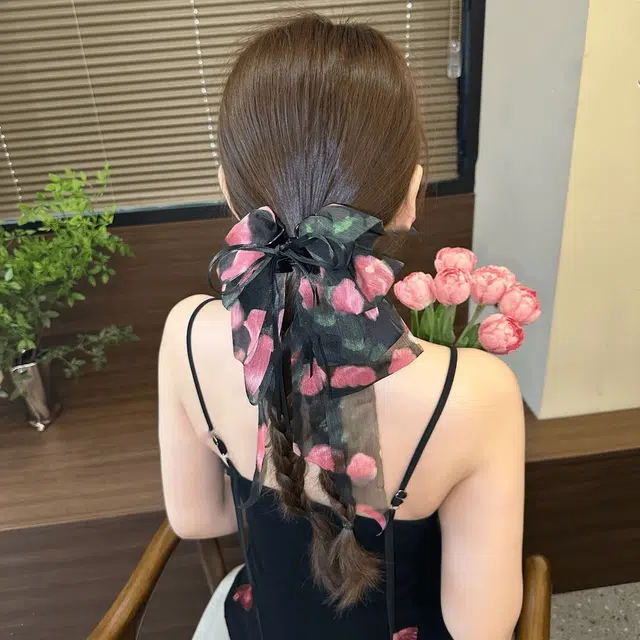 丹琴 法式玫瑰碎花飘带蝴蝶结抓夹 甜美半扎马尾夹高级感后脑勺头饰 雪纺 发夹 女款