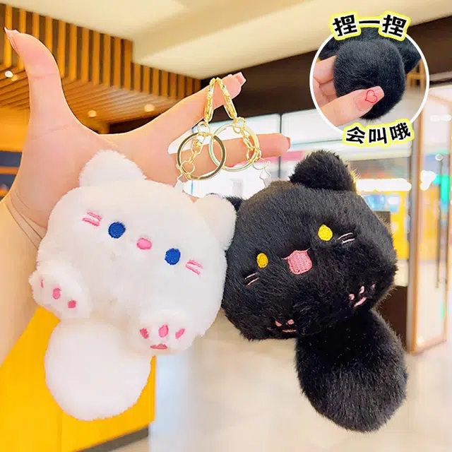 丹琴 卡通可爱猫咪吱吱叫公仔学生书包包包团团捏会叫小玩偶 毛绒 挂件 男女同款情侣款