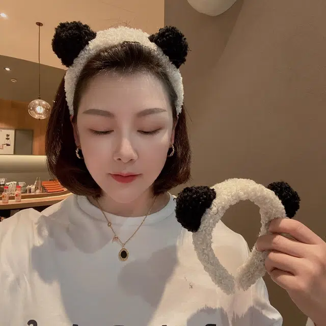 丹琴 可爱黑白熊猫 减龄高端洗脸卡通头箍萌物宽边发卡超萌绒绒发饰 毛绒 发箍 男女同款情侣款