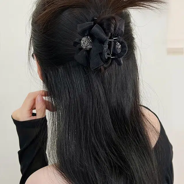 丹琴 甜美可爱蝴蝶结抓夹 高级感爱心水钻后脑勺发抓网红鲨鱼夹子气质发卡 网纱/亚克力 发夹 女款