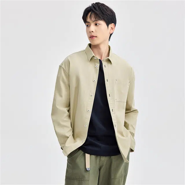 佐丹奴 纯棉磨毛梭织工装口袋长袖衬衫 男 卡其