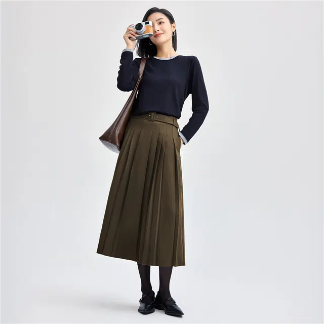 佐丹奴 磨毛垂感日字扣腰带梭织舒适休闲长裙 女款