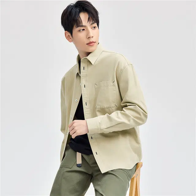 佐丹奴 纯棉磨毛梭织工装口袋长袖衬衫 男 卡其