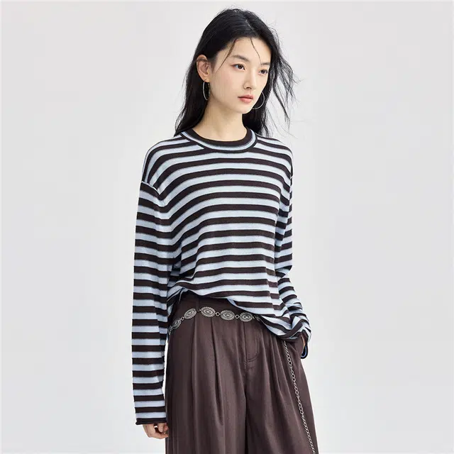 佐丹奴 条纹宽松圆领套头舒适针织衫 女款