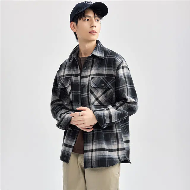 佐丹奴 加绒法兰绒双口袋梭织休闲长袖衬衫 男款 黑灰格子
