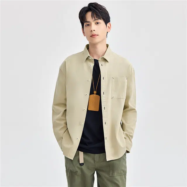 佐丹奴 纯棉磨毛梭织工装口袋长袖衬衫 男 卡其