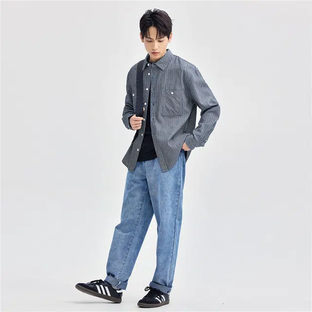 佐丹奴 洗水条纹多层口袋薄宽松牛仔长袖衬衫 男 深蓝