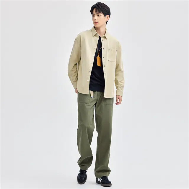 佐丹奴 纯棉磨毛梭织工装口袋长袖衬衫 男 卡其