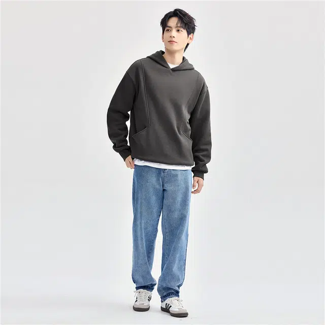 佐丹奴 加绒保暖破骨口袋连帽针织套头卫衣 男款