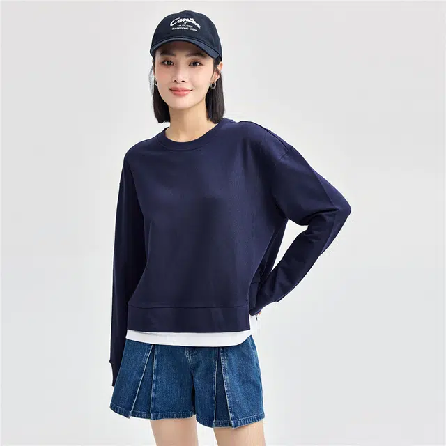 佐丹奴 纯棉假两件破骨不规则下摆圆领卫衣 女款