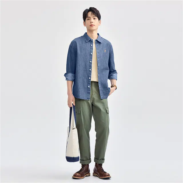佐丹奴 纯棉小熊刺绣长袖牛仔长袖衬衫 男款
