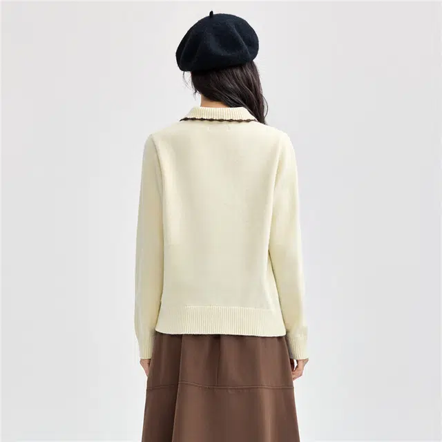 佐丹奴 软糯甜美撞色手勾线翻领单排扣开衫长袖针织衫 女款 奶油白