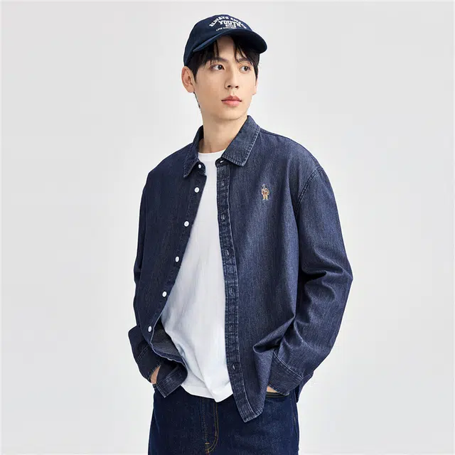 佐丹奴 纯棉小熊刺绣长袖牛仔长袖衬衫 男款