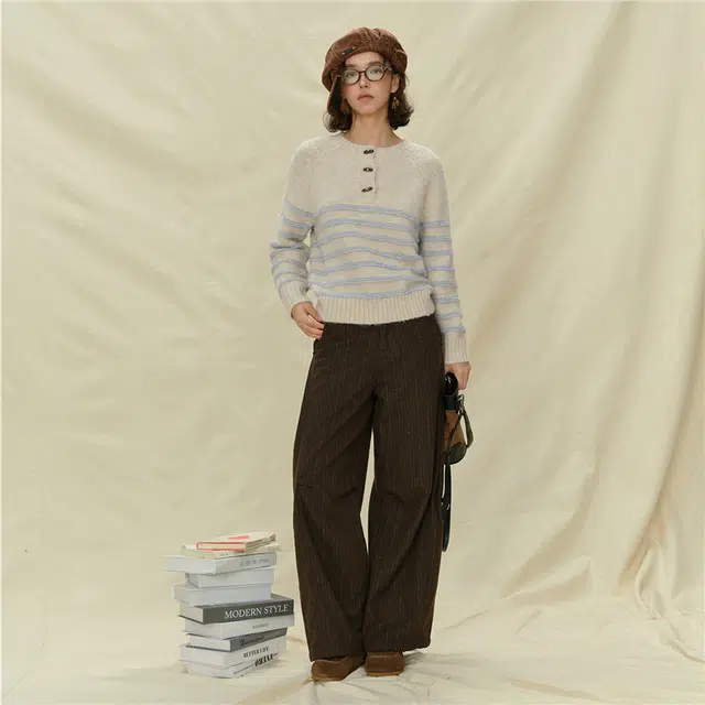 佐丹奴 条纹圆领牛角扣半开襟插肩毛织针织衫 女款