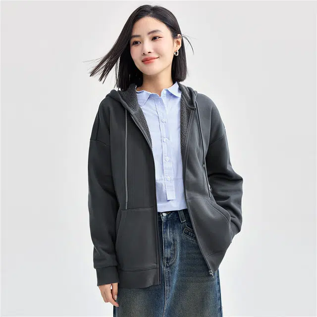 佐丹奴 抽绳连帽袋鼠兜针织宽松厚款夹克外套 女款