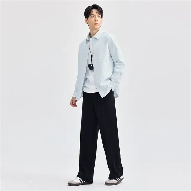 佐丹奴 条纹不规则口袋梭织薄款休闲长袖衬衫 男款