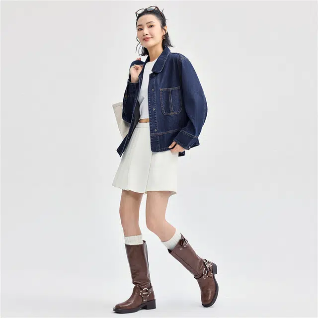 佐丹奴 洗水牛仔大口袋宽松翻领休闲夹克外套 女款