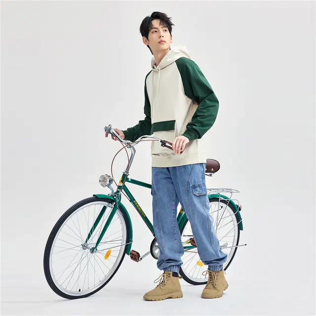 佐丹奴 插肩连帽套头卫衣 男款 杏/绿