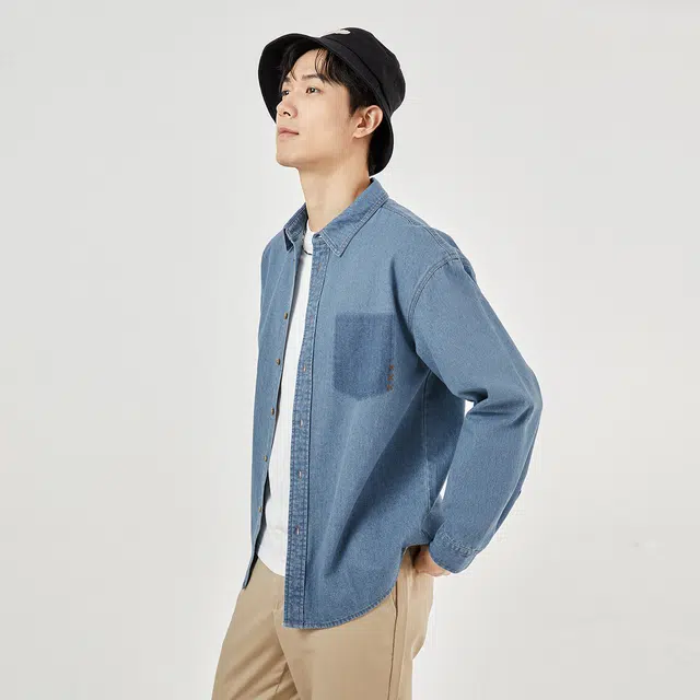 佐丹奴 纯棉刺绣假口袋牛仔长袖衬衫 男款