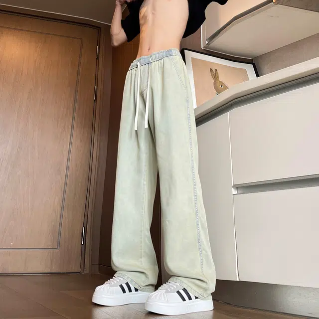 曼城 美式高街复古透气垂感轻薄垂顺直筒做旧弹力潮流高腰百搭牛仔裤 男女同款