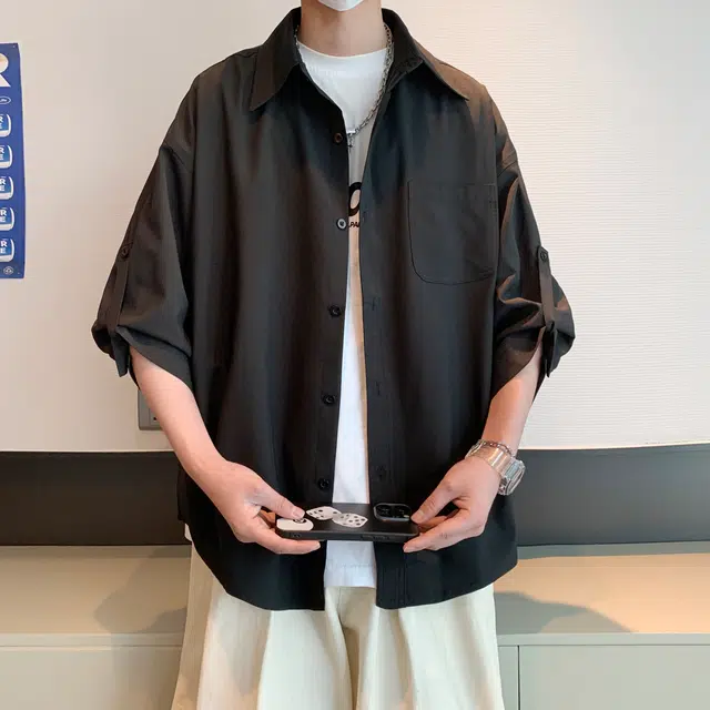 曼城 高街纯色基础款薄款凉感透气百搭通勤宽松休闲短袖衬衫 男女同款