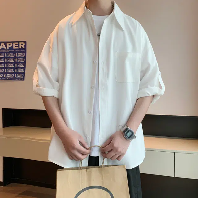 曼城 高街纯色基础款薄款凉感透气百搭通勤宽松休闲短袖衬衫 男女同款