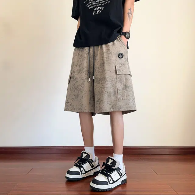曼城 美式高街扎染品牌印花抽绳百搭复古宽松五分休闲短裤 男女同款