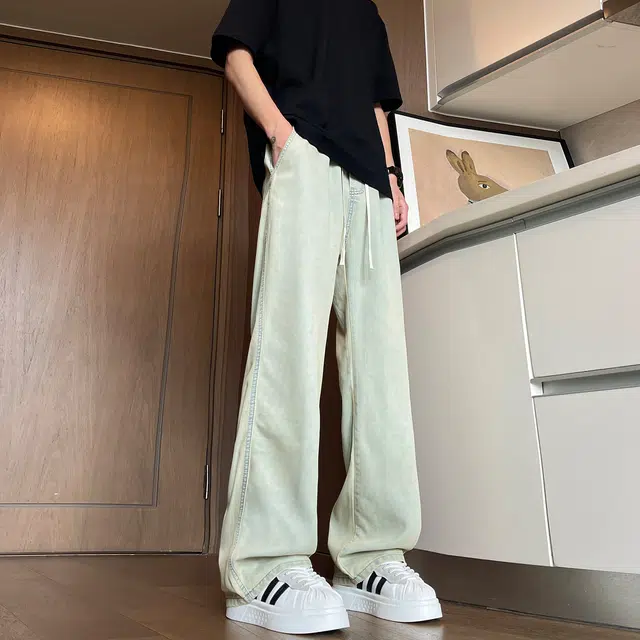 曼城 美式高街复古透气垂感轻薄垂顺直筒做旧弹力潮流高腰百搭牛仔裤 男女同款