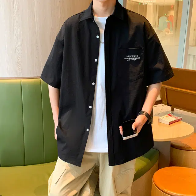 曼城 美式复古街头宽松速干户外学院城市风短袖衬衫 男女同款