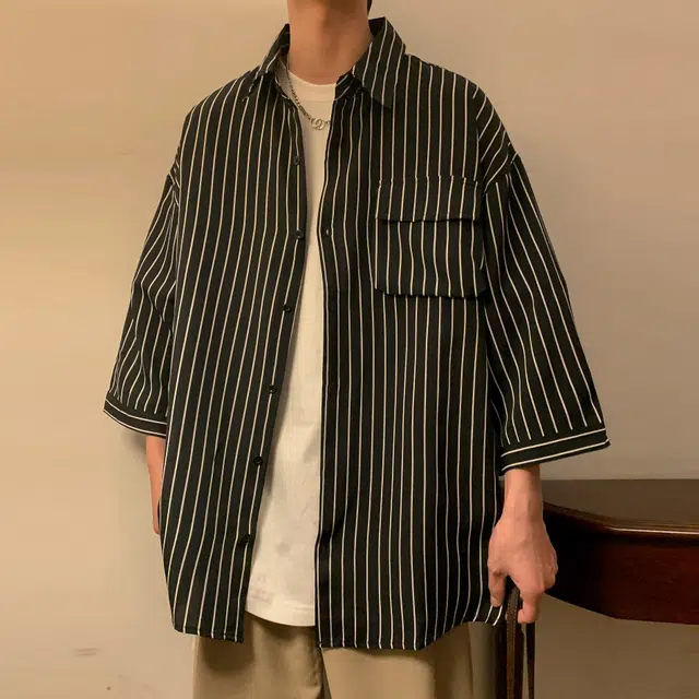 曼城 美式高街复古条纹基础款轻薄透气百搭宽松休闲短袖衬衫 男女同款