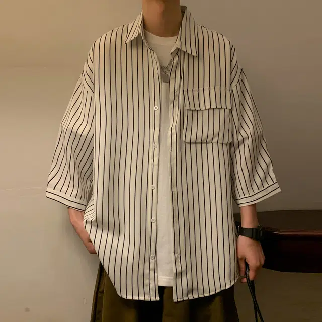 曼城 美式高街复古条纹基础款轻薄透气百搭宽松休闲短袖衬衫 男女同款