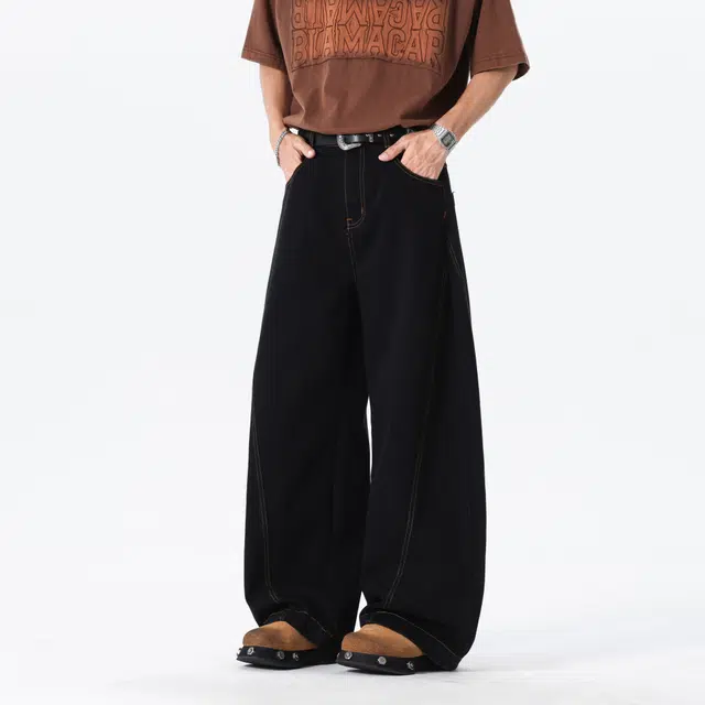 曼城 美式复古潮牌时尚宽松休闲阔腿裤日常百搭户外出勤嘻哈街头垂感牛仔裤 男女同款