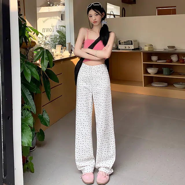 花蔓色 韩版印花复古碎花小众设计感宽松百搭阔腿垂感直筒高腰拉链韩系窄版显瘦减龄牛仔裤 女款 白色